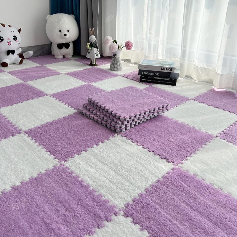 JADERLU 16pcs 0.6" Thickened Interlocking Tile Mats,Fluffy Shaggy Soft EVA Foam Area Rug for Living Room & Bedroom,Non-Slip Protective Floor Carpet Play Mat Kids Baby Dorm Home Decor (11.8ft, Purple) - Image 4